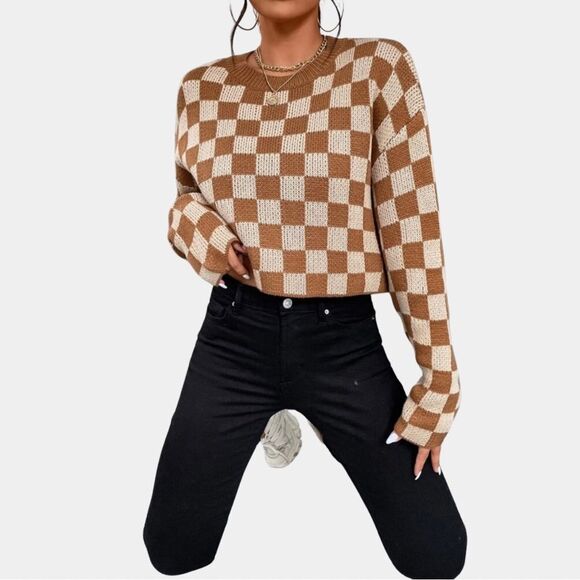 Checkered Pattern Drop Shoulder Sweater - Picture 5 of 7